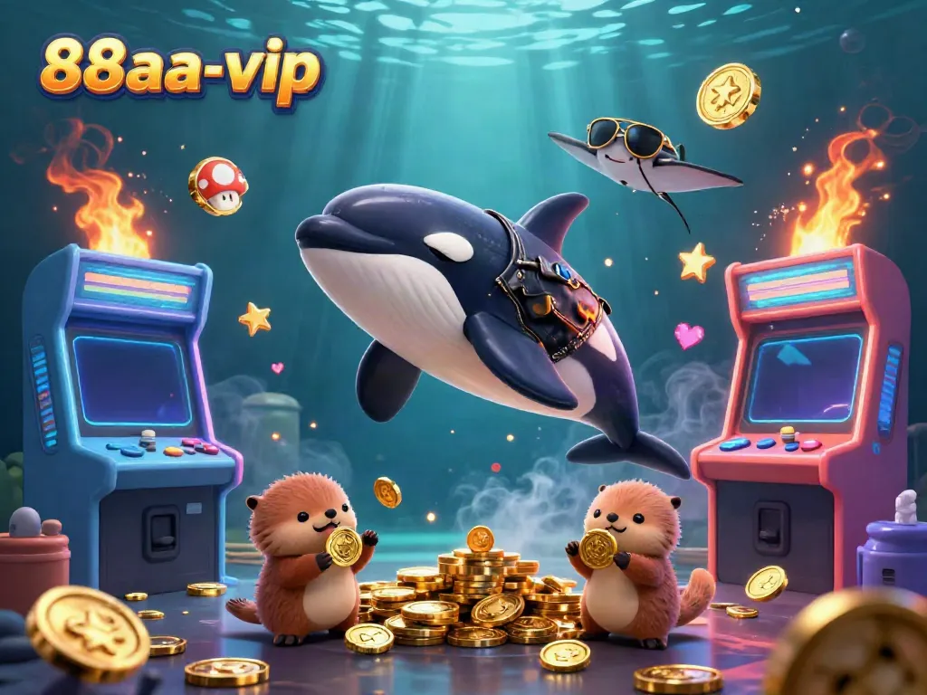 Engaging 3D rendering of 88aa-vip featuring an orca whale, stingray, and otters with casino elements.