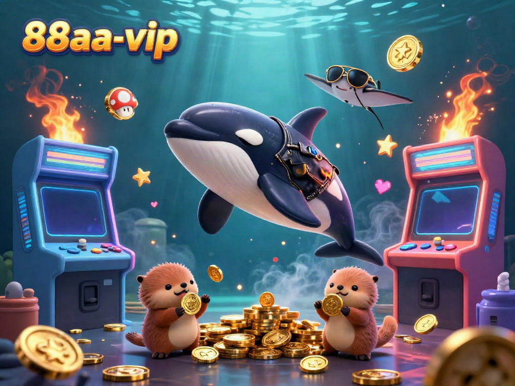 Engaging 3D rendering of 88aa-vip featuring an orca whale, stingray, and otters with casino elements.