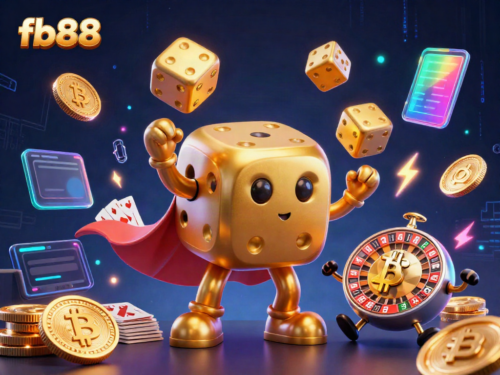Experience excitement at fb88 with a lively 3D illustration of a golden dice golem and game elements.