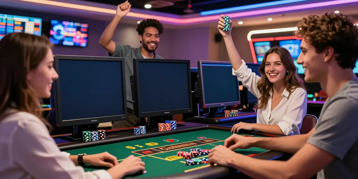 Friends enjoying Casino En Ligne games in a vibrant, modern gaming lounge.