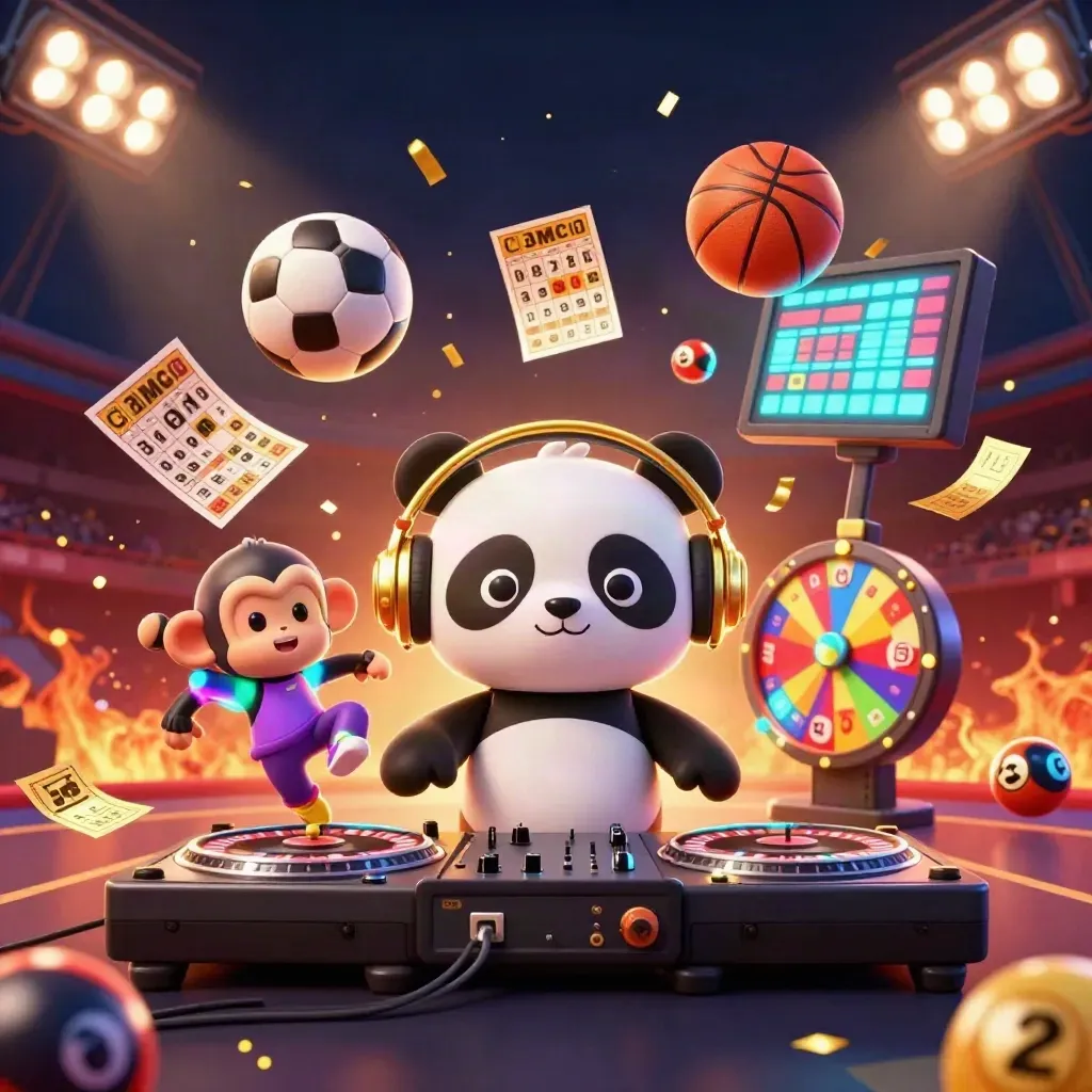 DJ panda, monkey and glow-stick kitten amid flying sports balls and casino effects