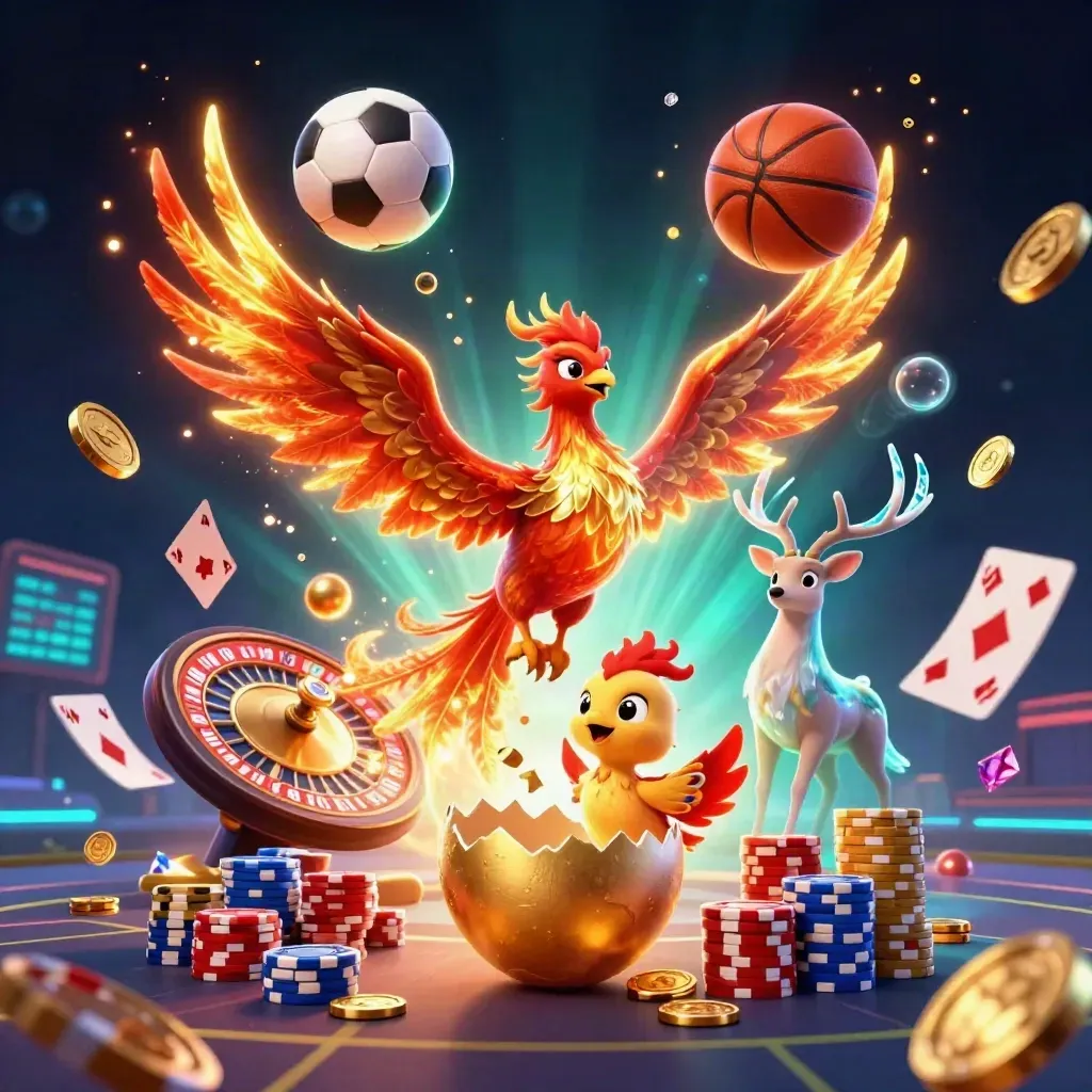 Phoenix, stag, chips, cards, roulette wheel, soccer ball and basketball in neon casino light.