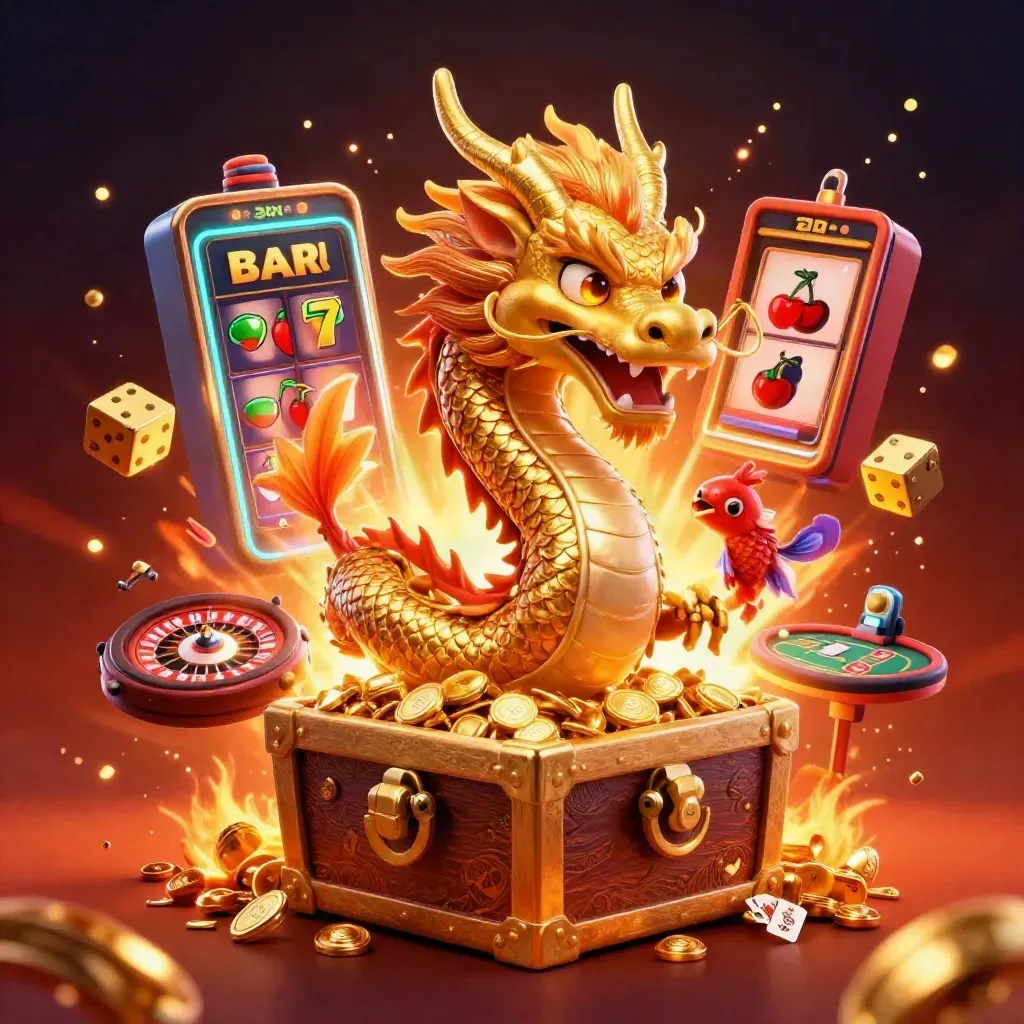 Golden dragon with phoenix and koi amid casino symbols, treasure and neon luxury lighting.