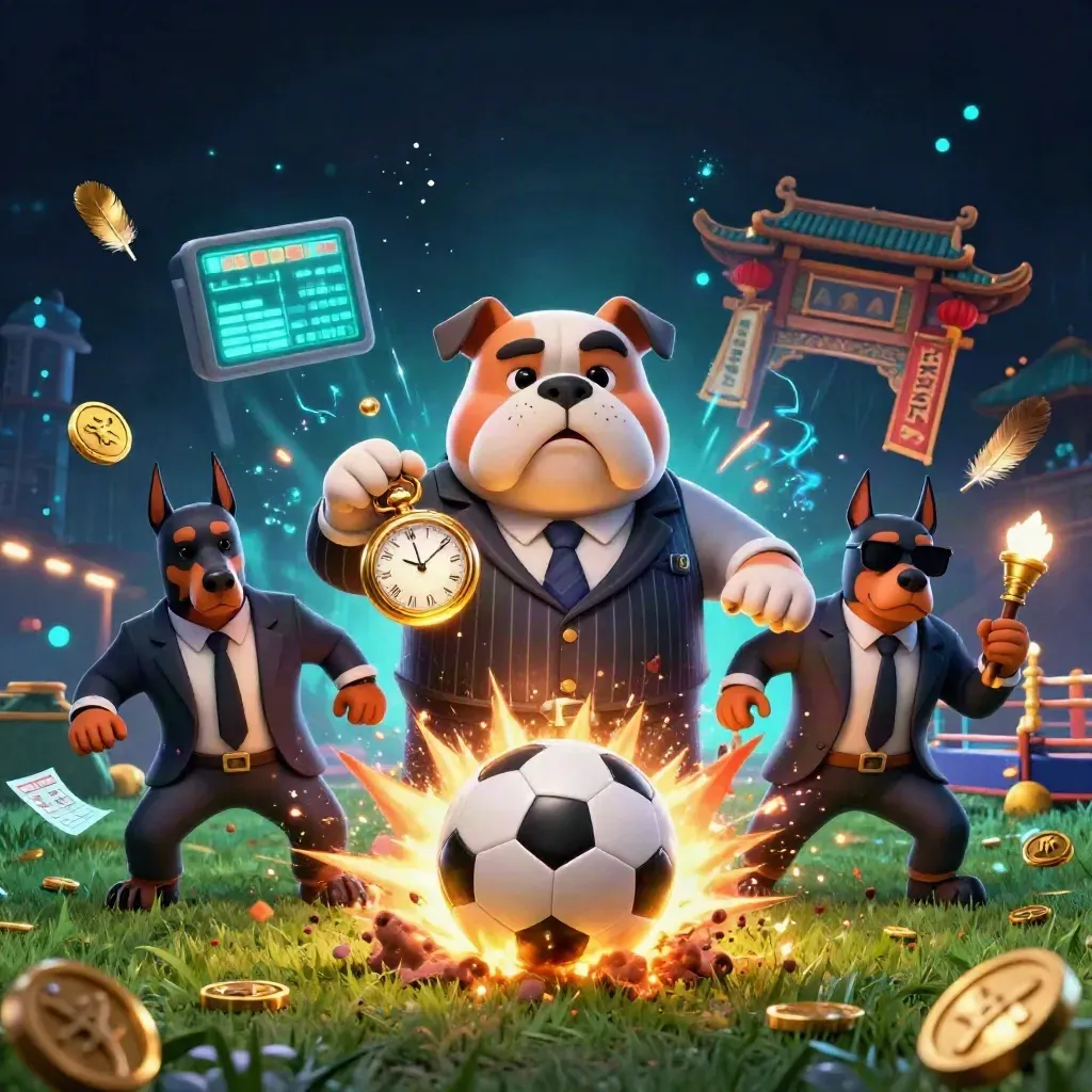 Cartoon mafia bulldog and Dobermans around a frozen soccer blast with neon casino effects.