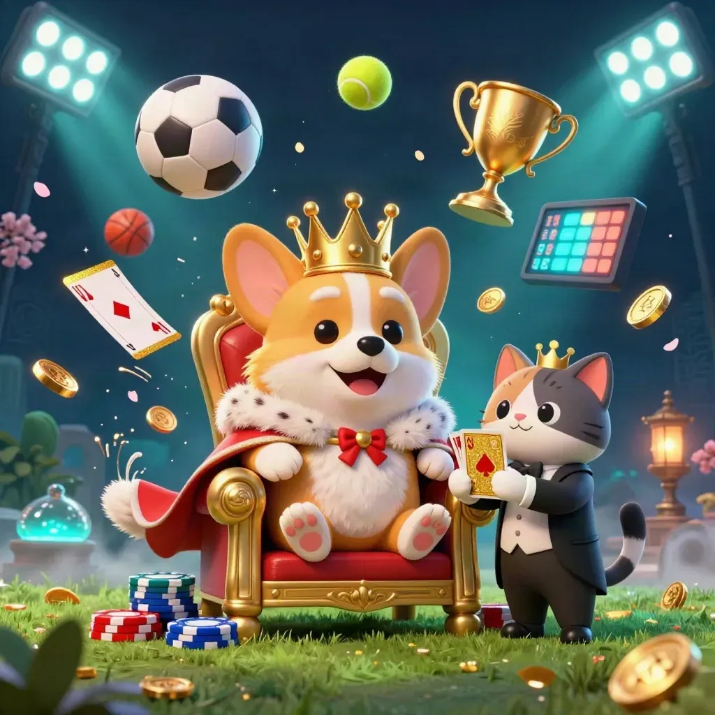 Royal corgi and cat butler amid flying sports balls, chips, coins, and neon casino lights.