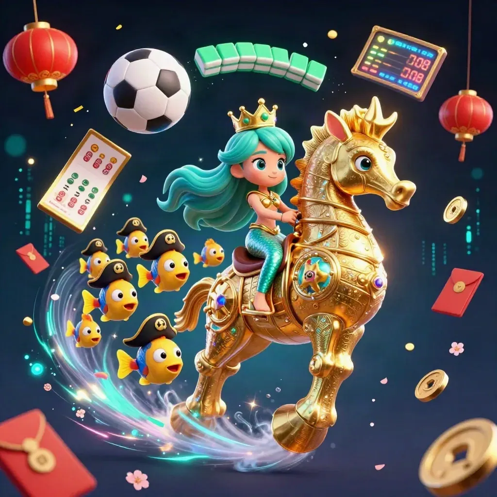 Mermaid princess rides armored seahorse amid casino sports icons, gold and teal neon bursts.