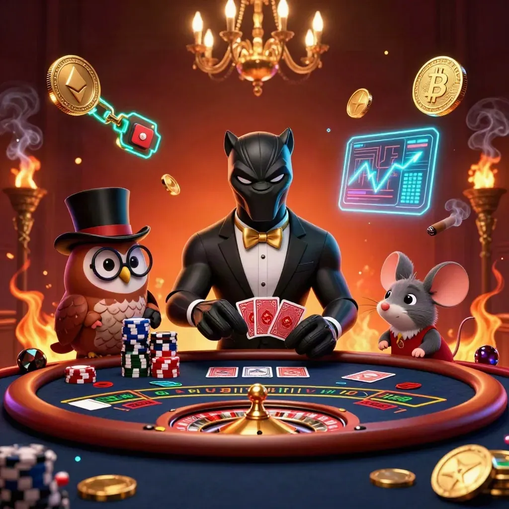 Black panther, owl, and mouse at a luxe neon casino table with coins, smoke, and glowing gold light