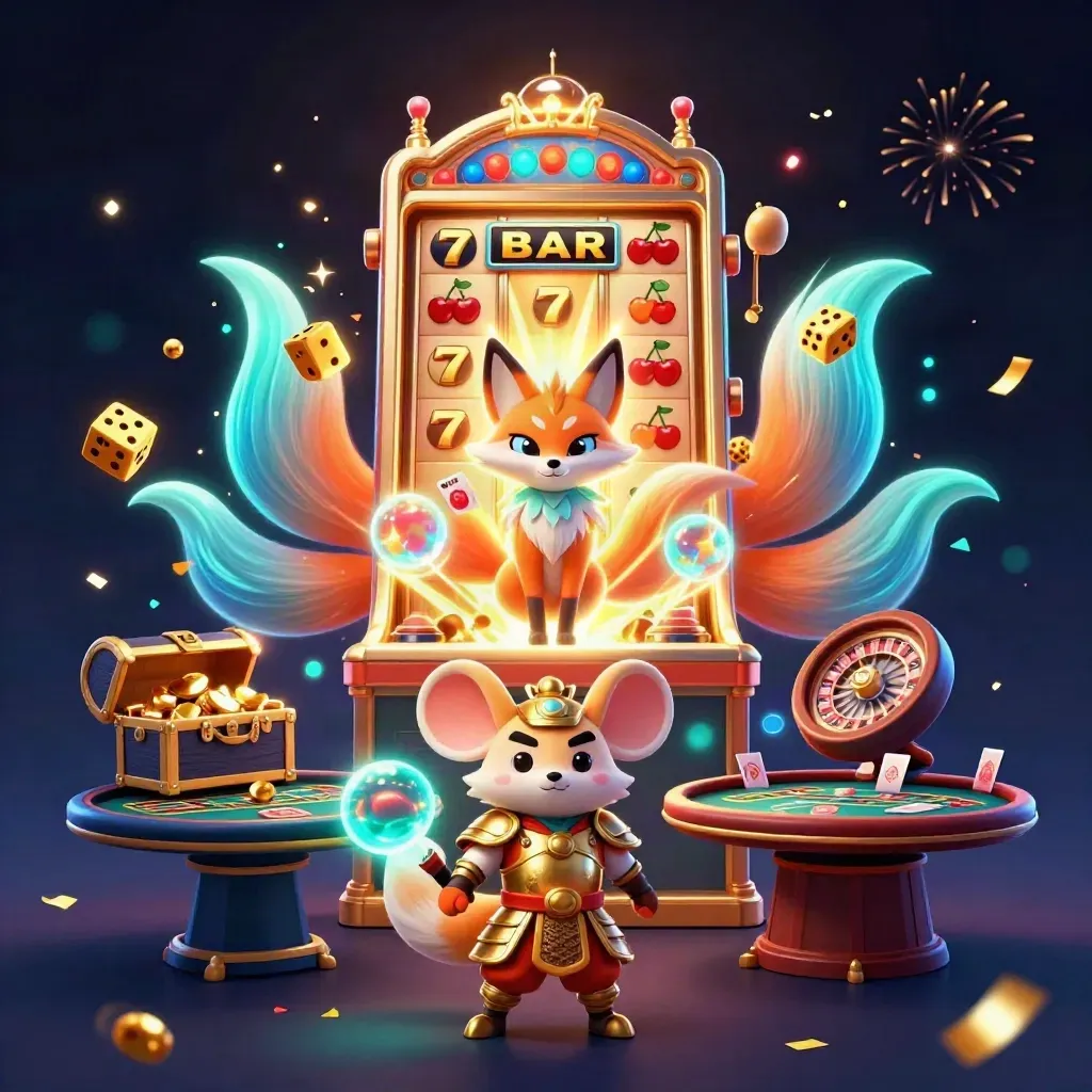 Fox spirit and samurai mouse amid casino jackpot chaos, glowing neon fantasy key art