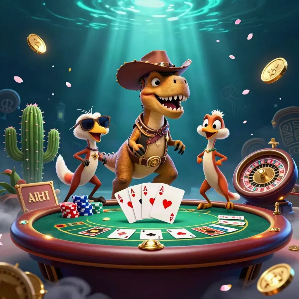 Cartoon T-Rex cowboy trio at a neon casino table under teal underwater light.