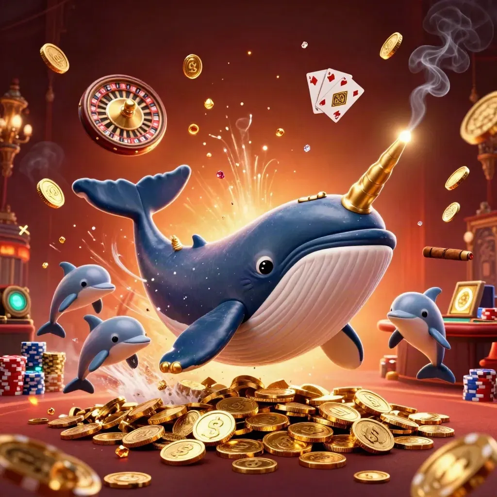Whale, narwhal, and dolphins in a luxe casino scene with coins, cards, chips, and glowing lights.
