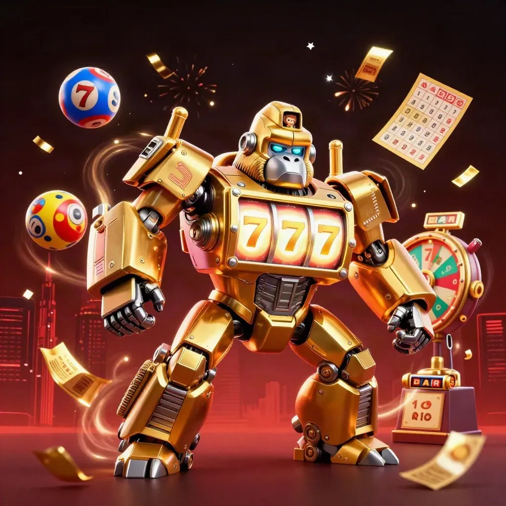 Golden gorilla mech and tiny monkey pilot amid casino tokens, fireworks, and glowing red-gold energy.