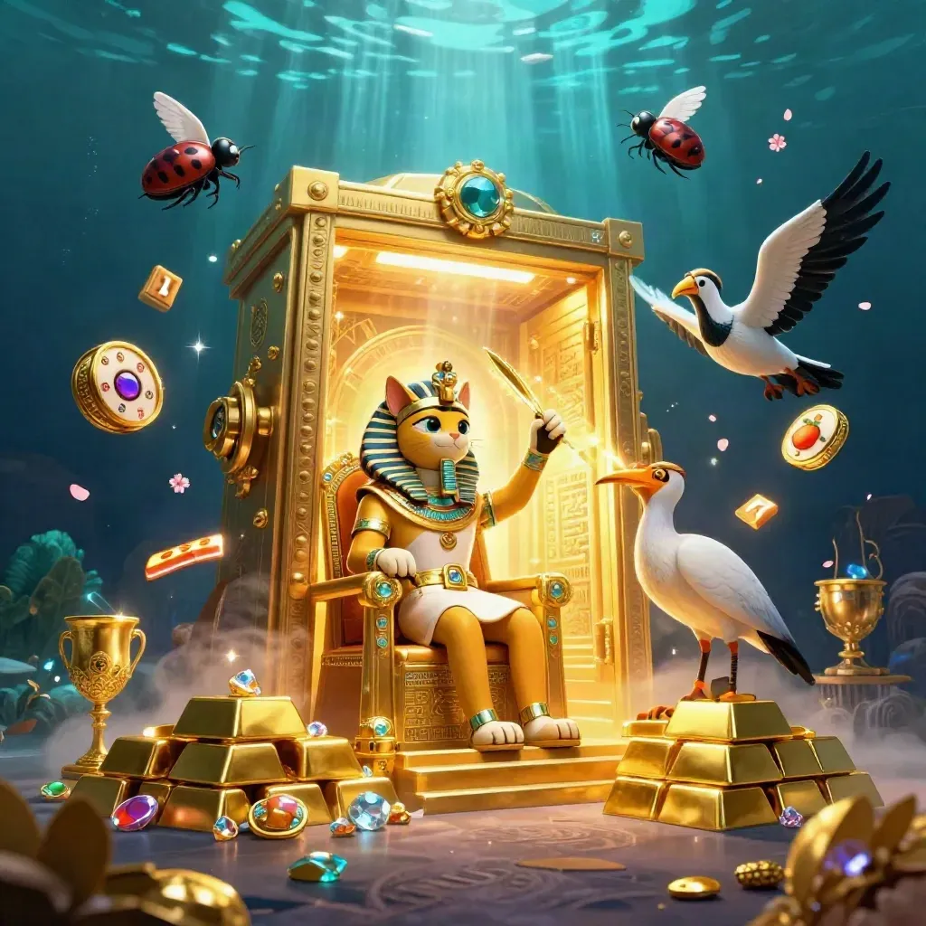 Pharaoh cat, ibis scribe, and gem-wing scarabs amid a bursting gold vault.