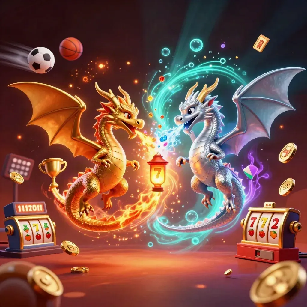 Gold and silver dragons spiral in fire-and-ice yin-yang with casino icons and glowing gems.
