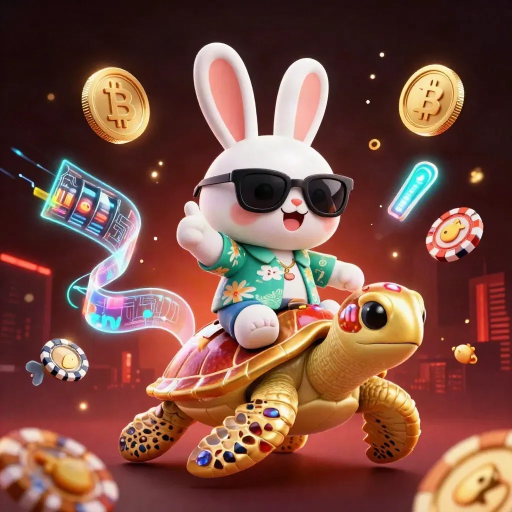 Lucky rabbit rides a gold sea turtle amid neon crypto coins and casino sparks.