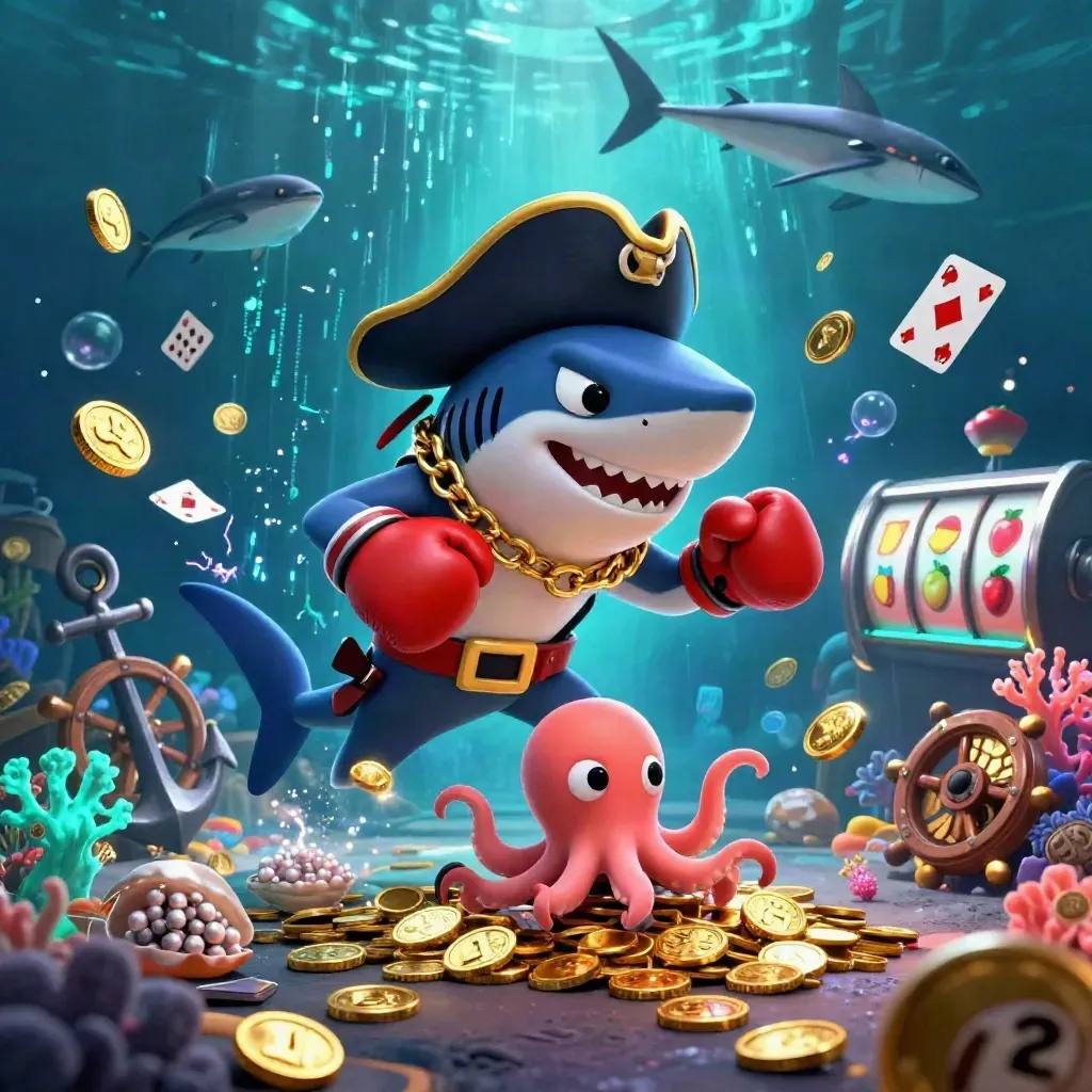 Pirate shark, boxing pufferfish, and juggling octopus in neon underwater treasure chaos.