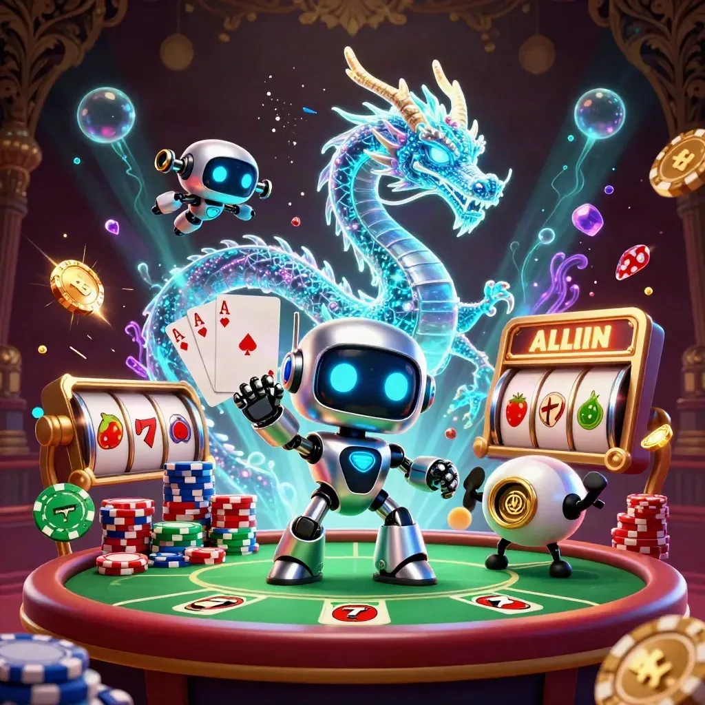Cyberpunk robot, holographic dragon, and coin drone above a glowing poker table with chips and aces.