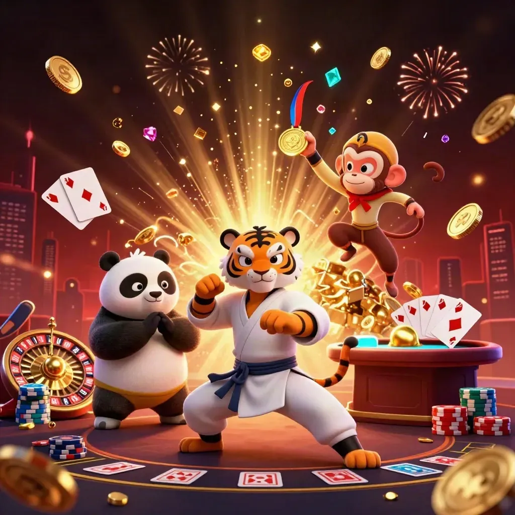 Tiger, panda, and monkey casino heroes amid coins, cards, chips, fireworks, and neon light