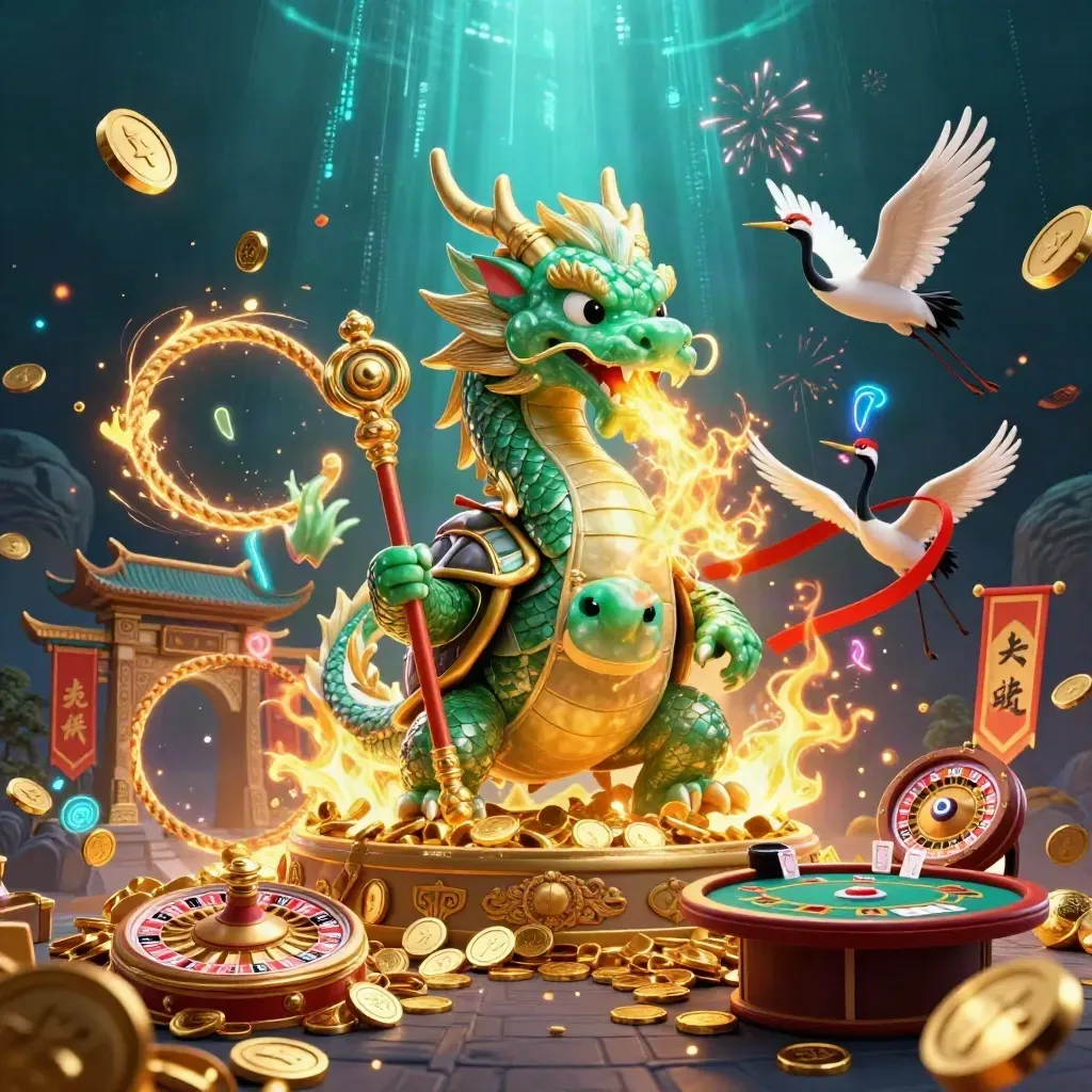 Emerald dragon, turtle sage, and cranes amid bursting coins, fireworks, and casino artifacts.