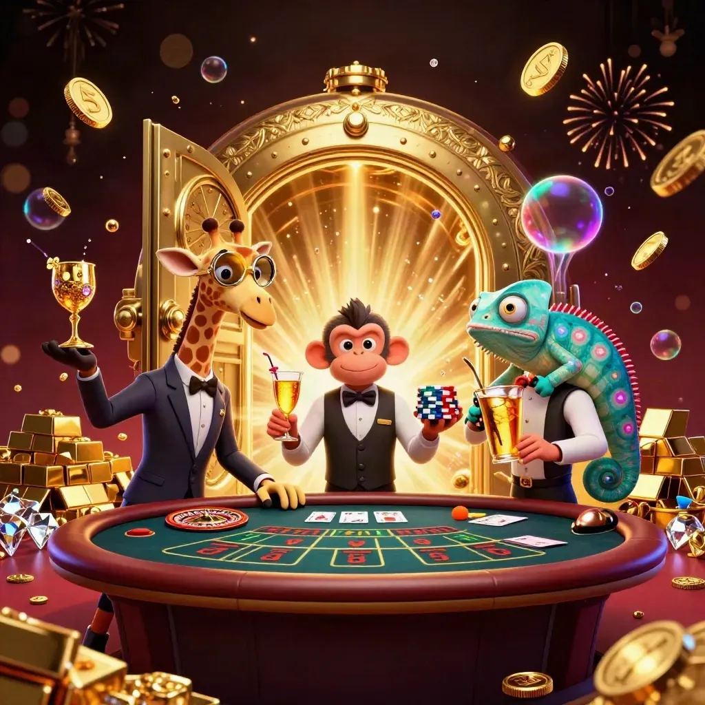 Giraffe, monkey valet, and chameleon bartender amid a bursting gold vault and casino lights.