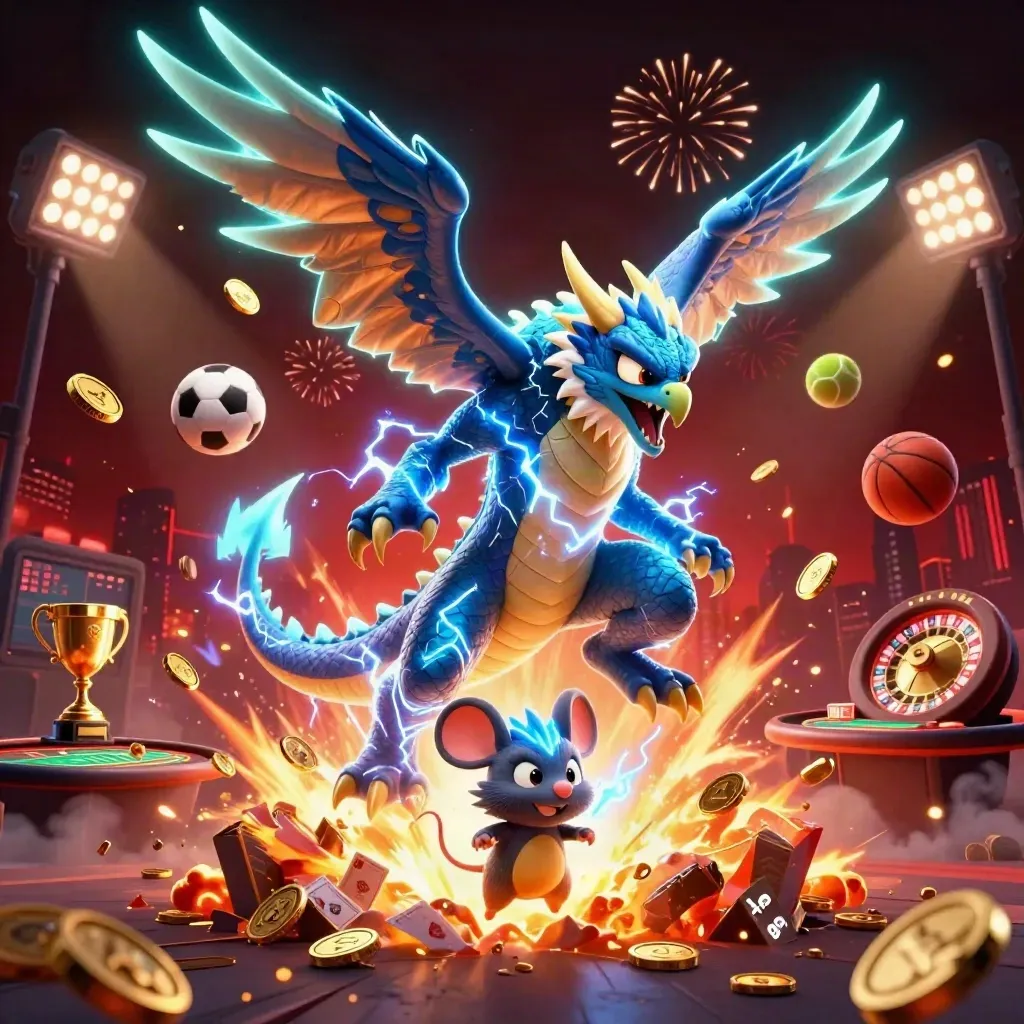 Thunder dragon, wind hawk, and static mouse amid casino coins, fireworks, and neon game props.