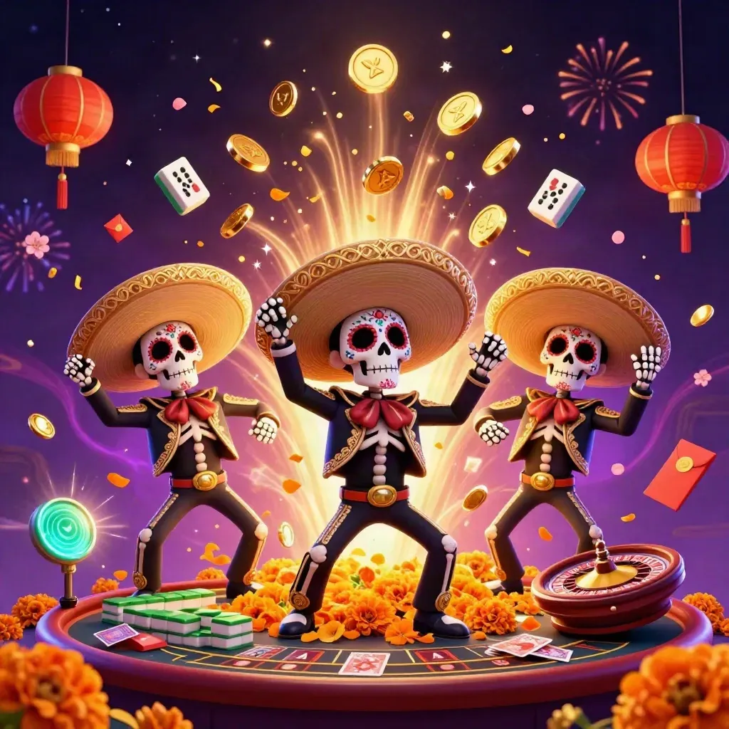 Skeleton mariachi trio amid gold coins, fireworks, lanterns, and casino props in neon luxury.