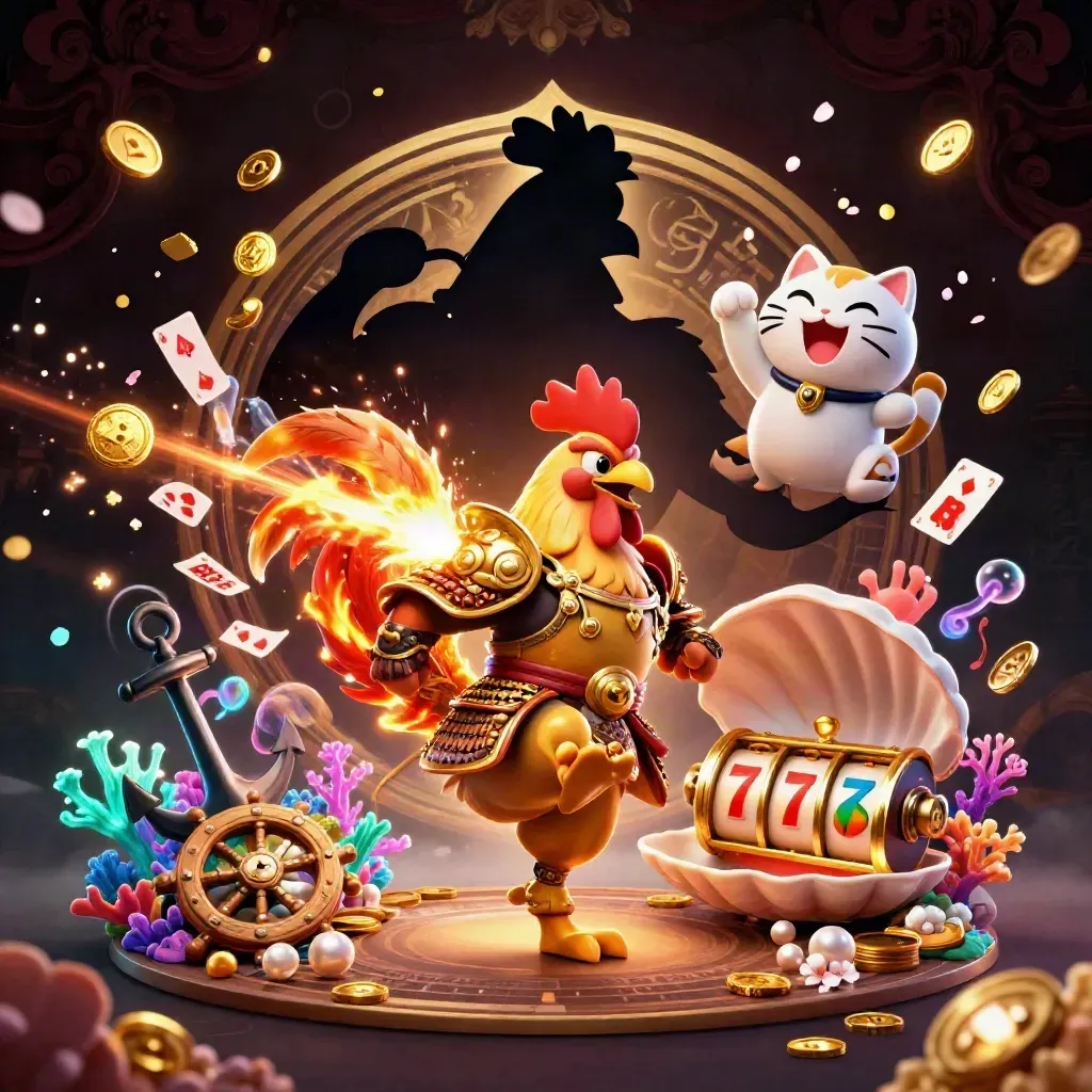 Rooster warrior, dragon hatchling, and cheering fortune-cat amid casino treasure and glowing coral.