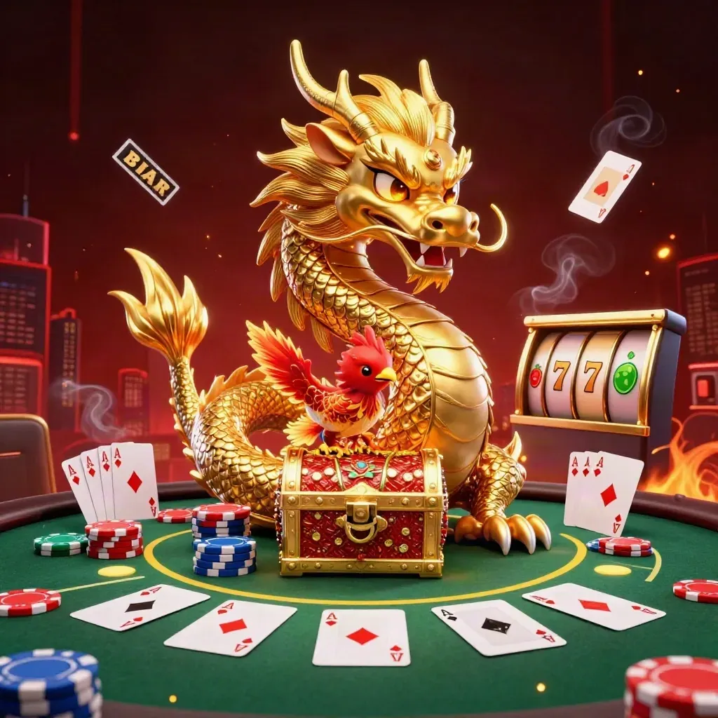 Golden dragon with phoenix and koi amid casino chips, cards and fiery neon glow.