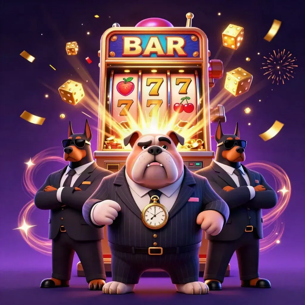 Bulldog mafia boss with two dobermans amid exploding slot symbols and gold