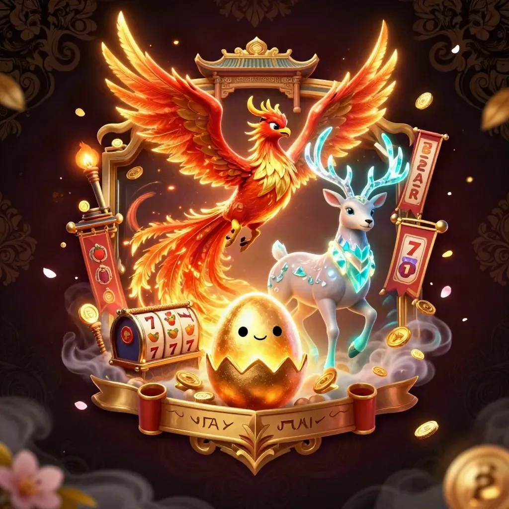 Fire phoenix, baby hatchling, and crystal-antler stag amid gold coins, runes, and casino glow.