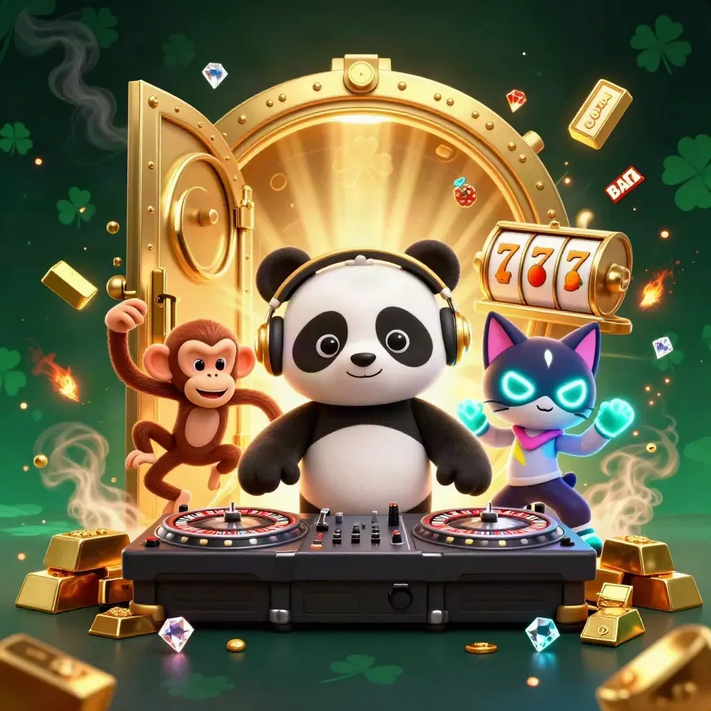 DJ panda, dancing monkey, and glow kitten amid casino treasure and neon effects.