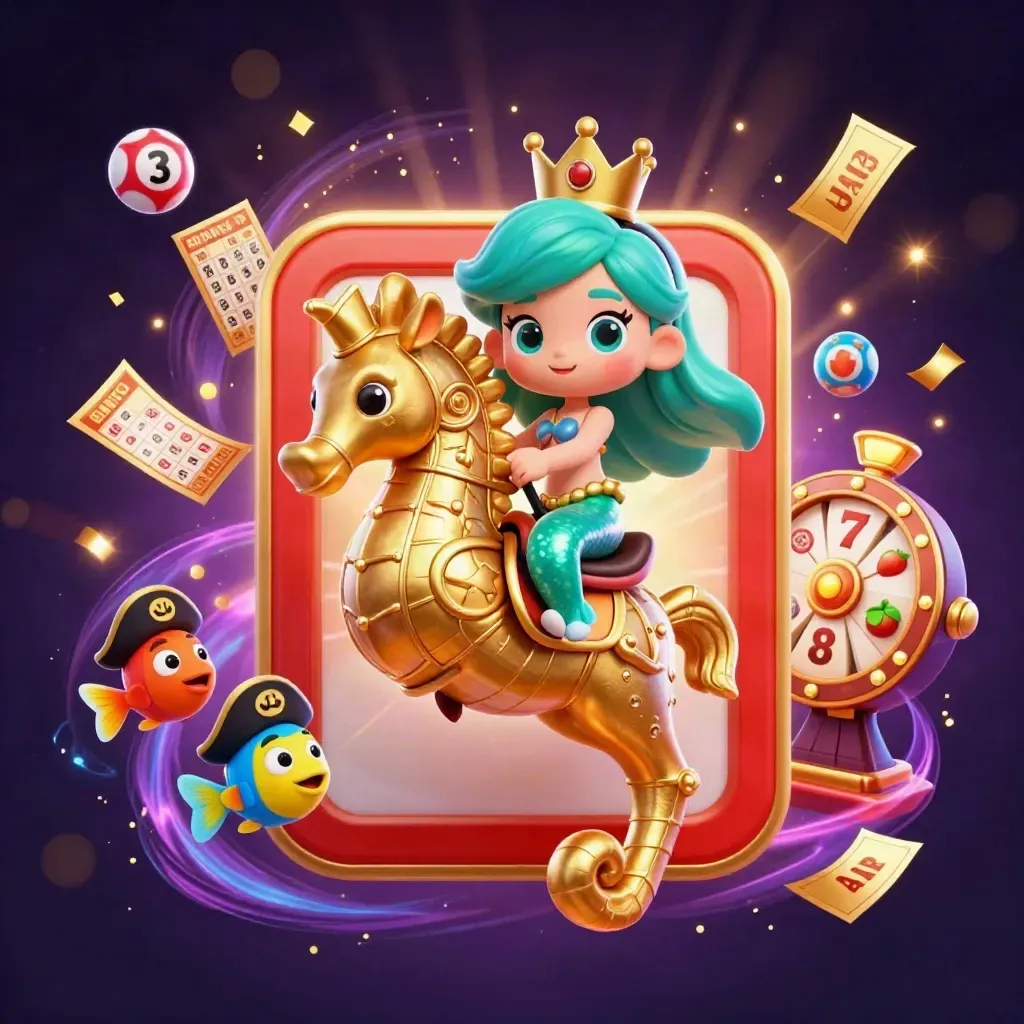 Crimson-lit mermaid princess on golden seahorse, fish, casino reels, balls, and prize wheel in neon space.