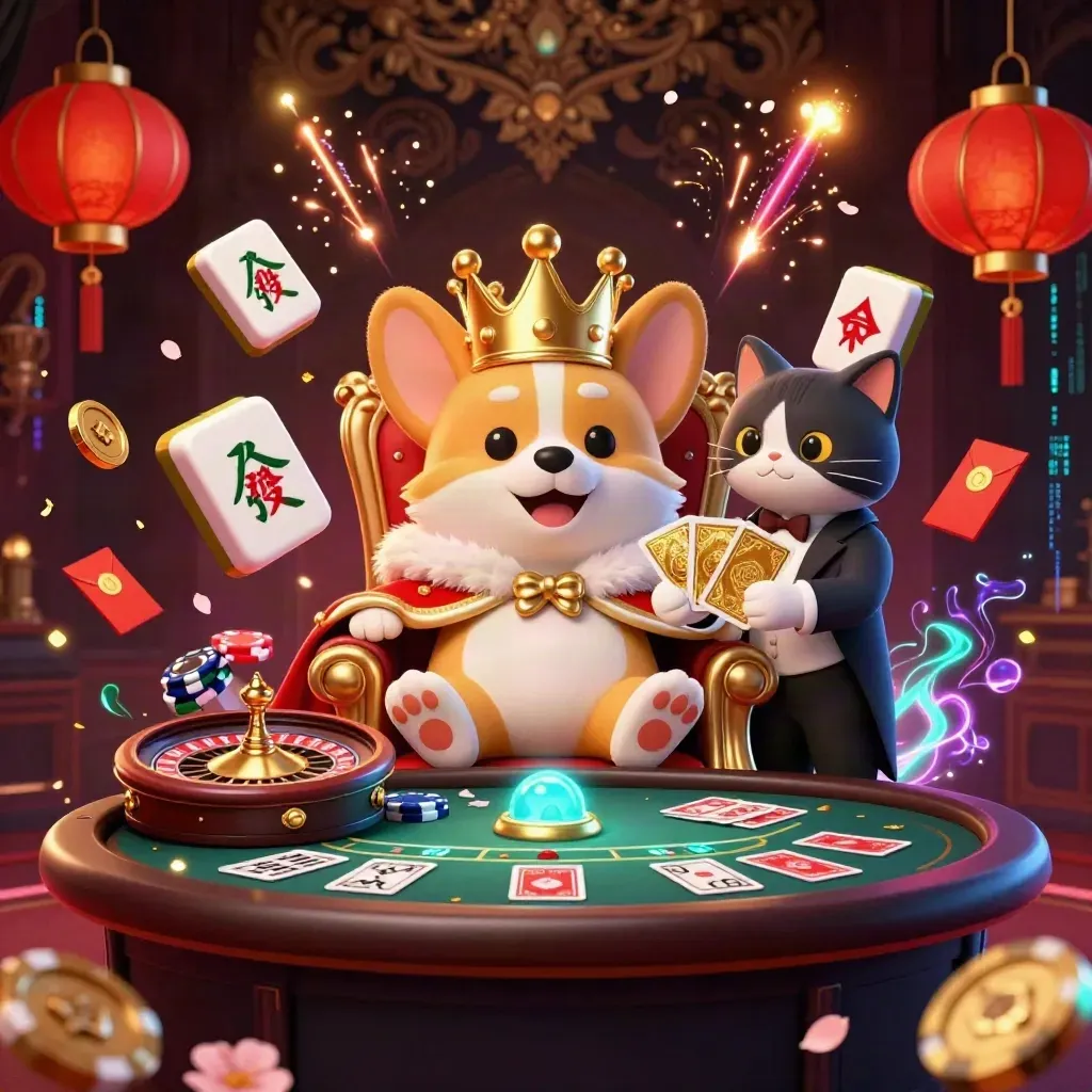 Royal corgi and cat butler amid neon casino riches, cards, coins, lanterns, and a spinning roulette wheel.