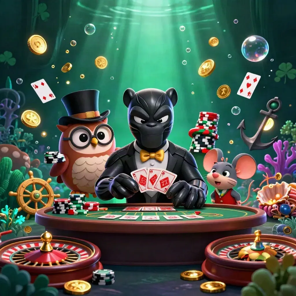 Panther, owl, and mouse deal cards amid treasure, bubbles, coral, and glowing casino gear.