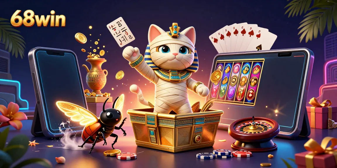 Experience excitement at 68win with a vibrant scene featuring a mummy cat and golden casino elements.