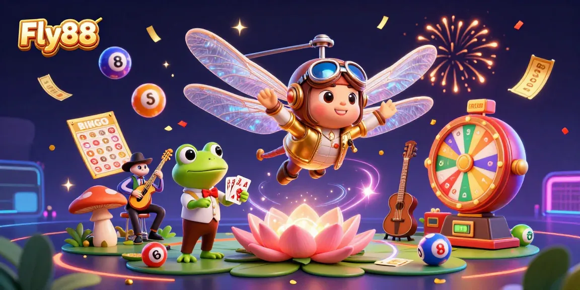 Fly88 showcases a vibrant casino scene with a dragonfly pilot, frog croupier, and musical crickets.