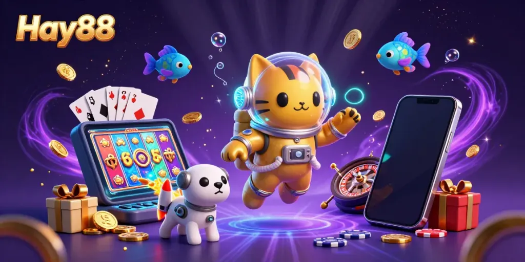 Experience Hay88's vibrant gaming atmosphere with a dynamic 3D rendering featuring an astronaut cat and casino elements.