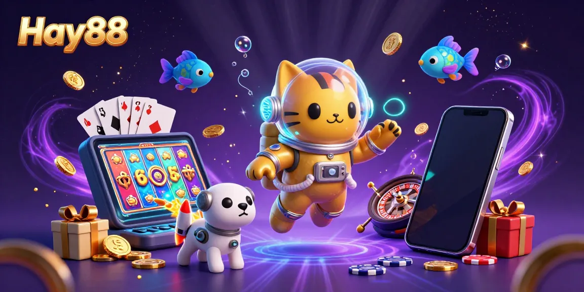 Experience Hay88's vibrant gaming atmosphere with a dynamic 3D rendering featuring an astronaut cat and casino elements.