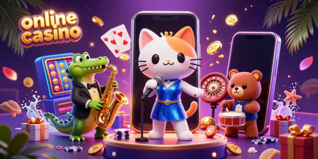 Engage with exciting online casino games featuring vibrant characters and classic gambling elements.