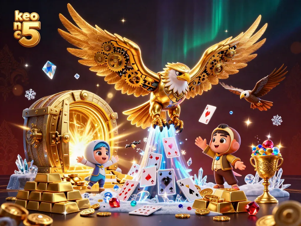 Experience the thrill of keo nha cai 5 as a golden eagle dives through holographic cards amidst a treasure scene.