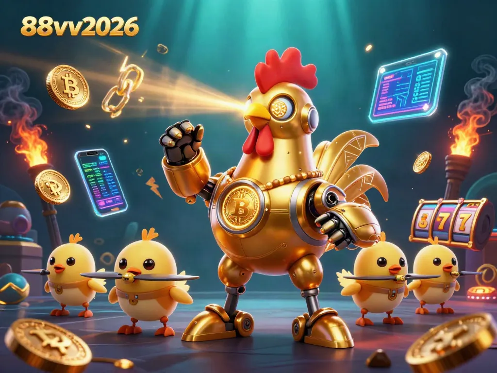 Experience the thrill of 88vv2026 with unique gaming elements featuring a golden rooster robot amidst vibrant coin displays.