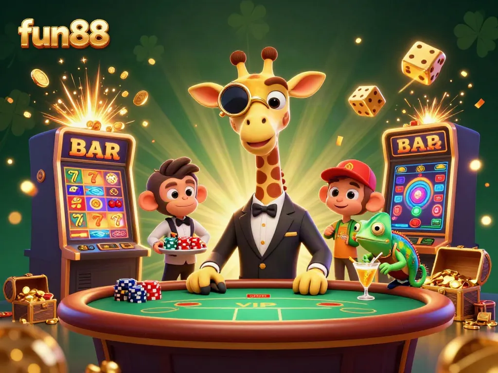 Experience the thrill of fun88 with a cartoon giraffe high-roller at a casino table, bursting with excitement.
