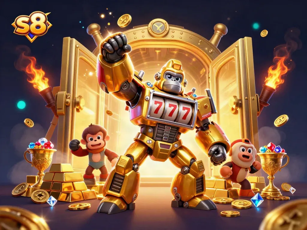 Experience thrilling slots with s8 while a golden gorilla mech bursts coins and jewels.