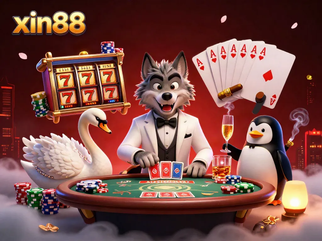 Experience top-notch gaming at xin88 with a sophisticated wolf, swan, and penguin in an exciting casino atmosphere.