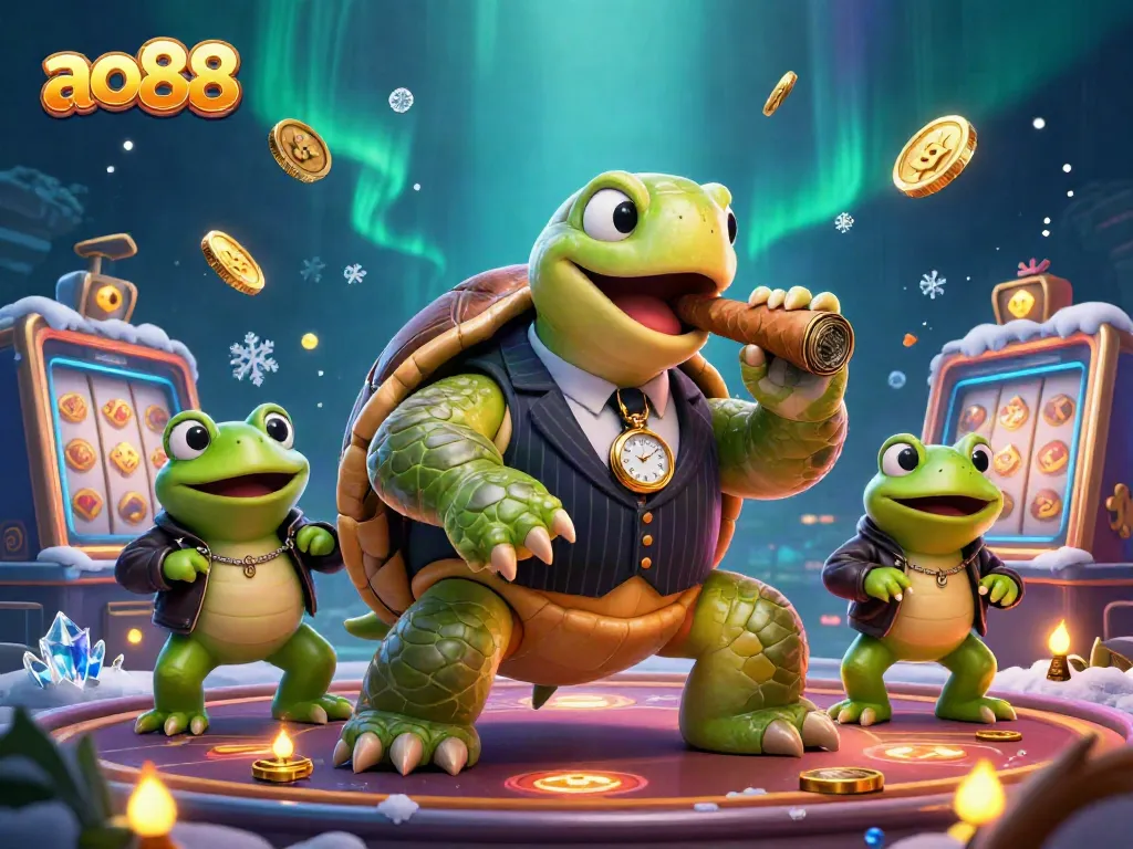 Experience thrilling casino adventures with ao88’s vibrant 3D illustration of a mobster turtle and enforcers.