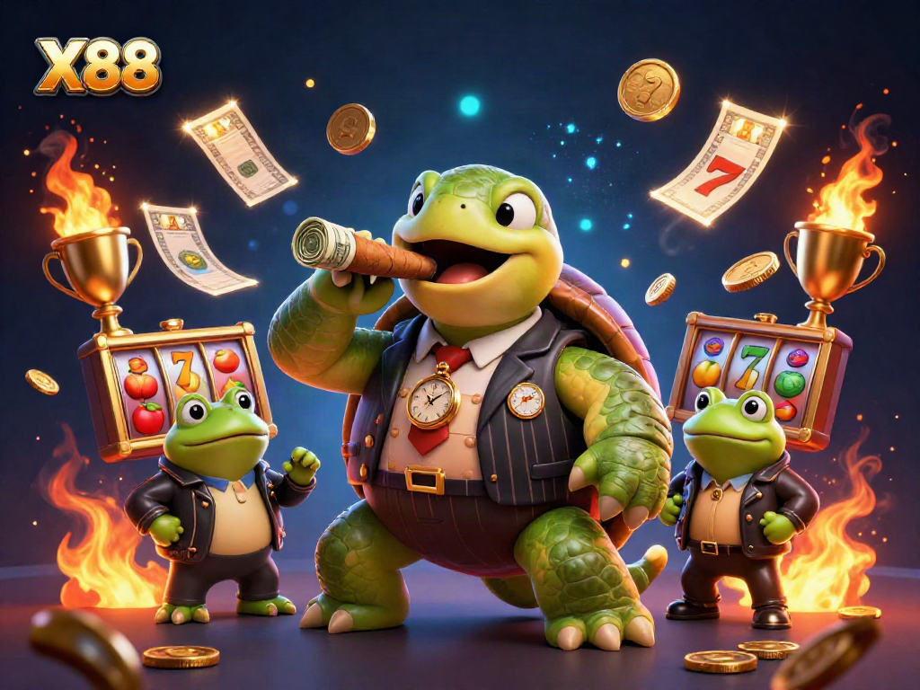 X88 showcases epic gambling fun with a massive turtle mobster and vibrant slot elements.