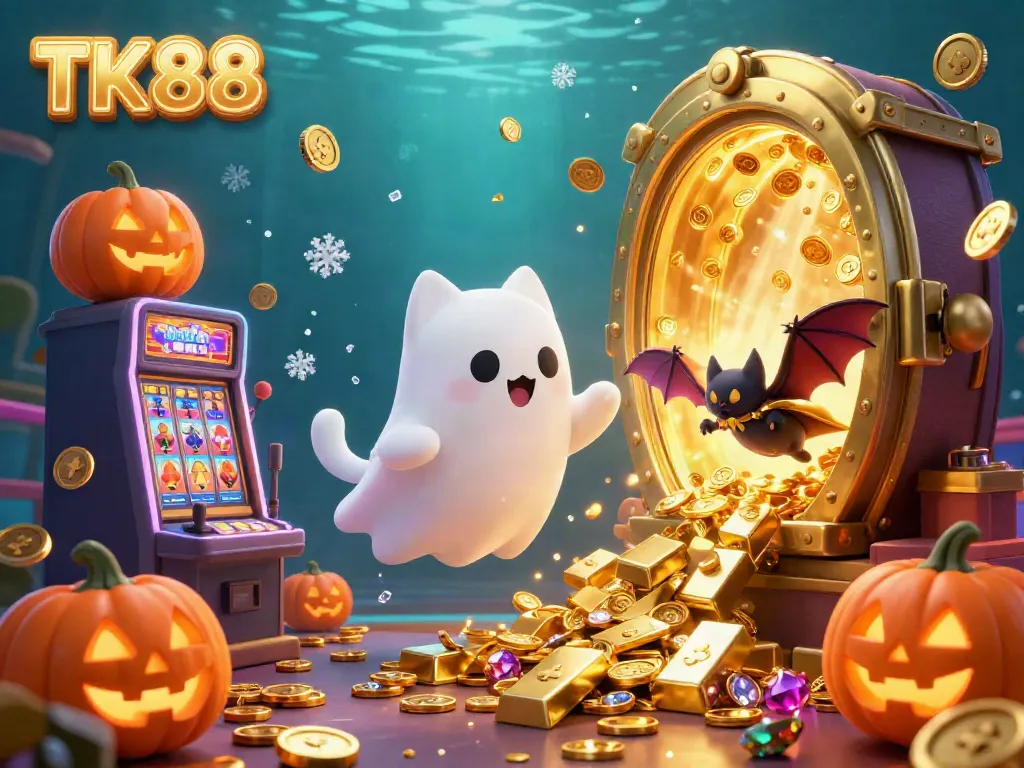 Experience thrilling gaming at TK88 with a whimsical 3D casino scene featuring ghostly characters and glowing treasures.