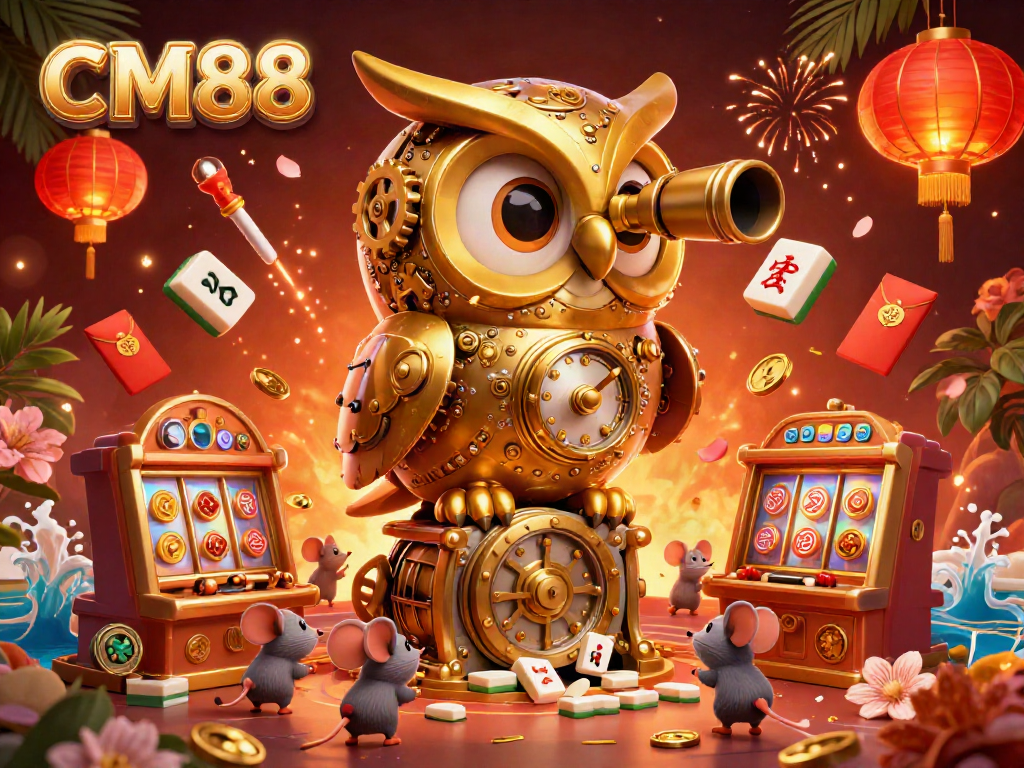Experience CM88's thrilling casino atmosphere with a golden owl overlooking vibrant slot games and festive decorations.