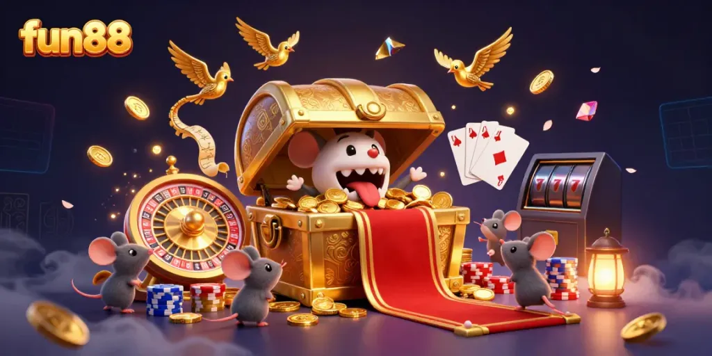 Experience the thrill of fun88 with golden treasures and casino excitement in this detailed illustration.