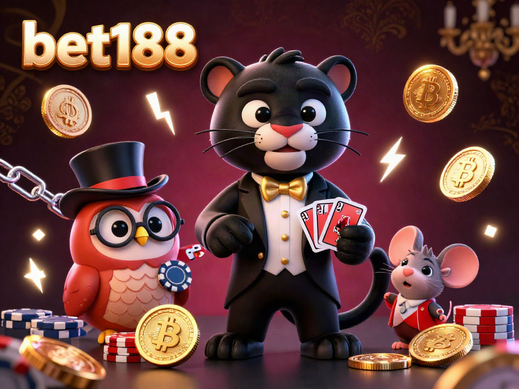 Bet188 players engaging with a stylish 3D black panther dealer, surrounded by casino elements and cryptocurrencies.