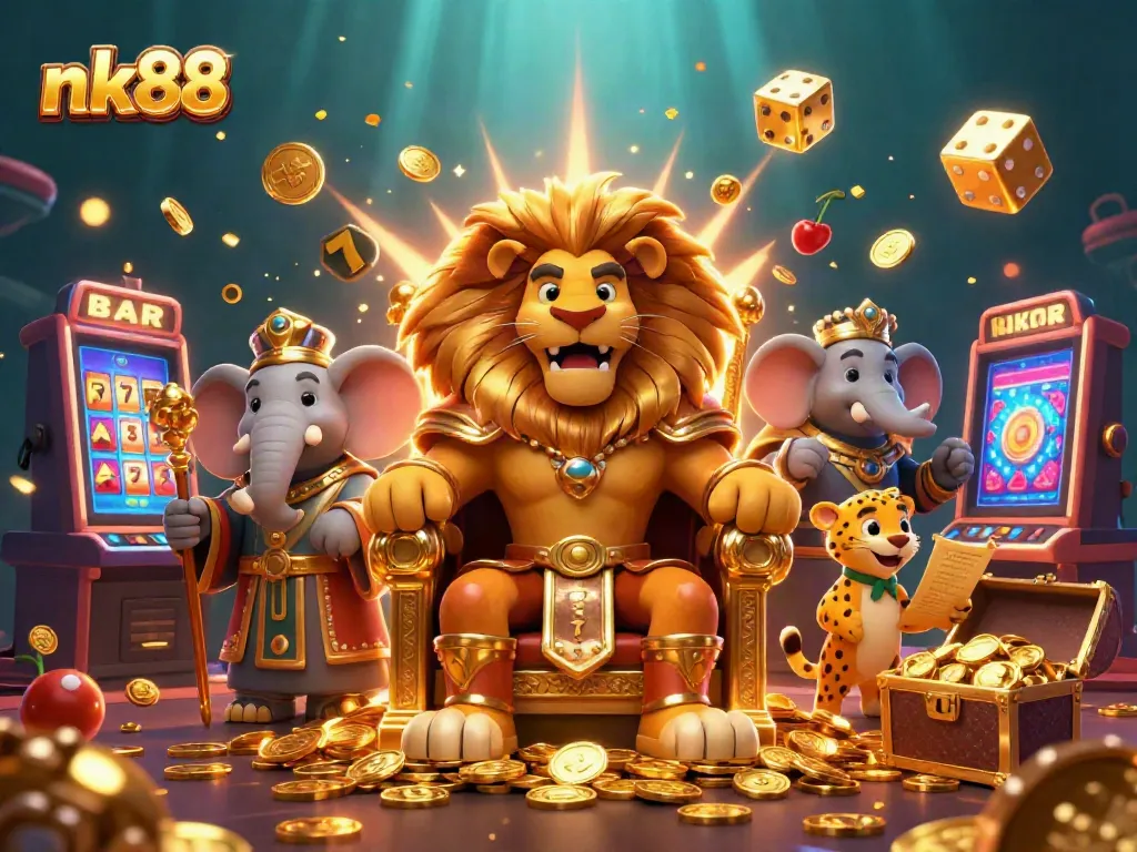 Play exciting games and win big at nk88 with a lion king and friends in a vibrant casino scene.